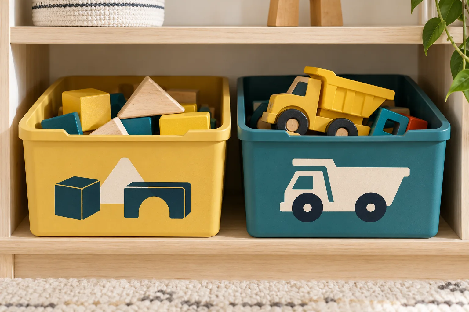 Toy bins identified with simple block and vehicle pictures without words.