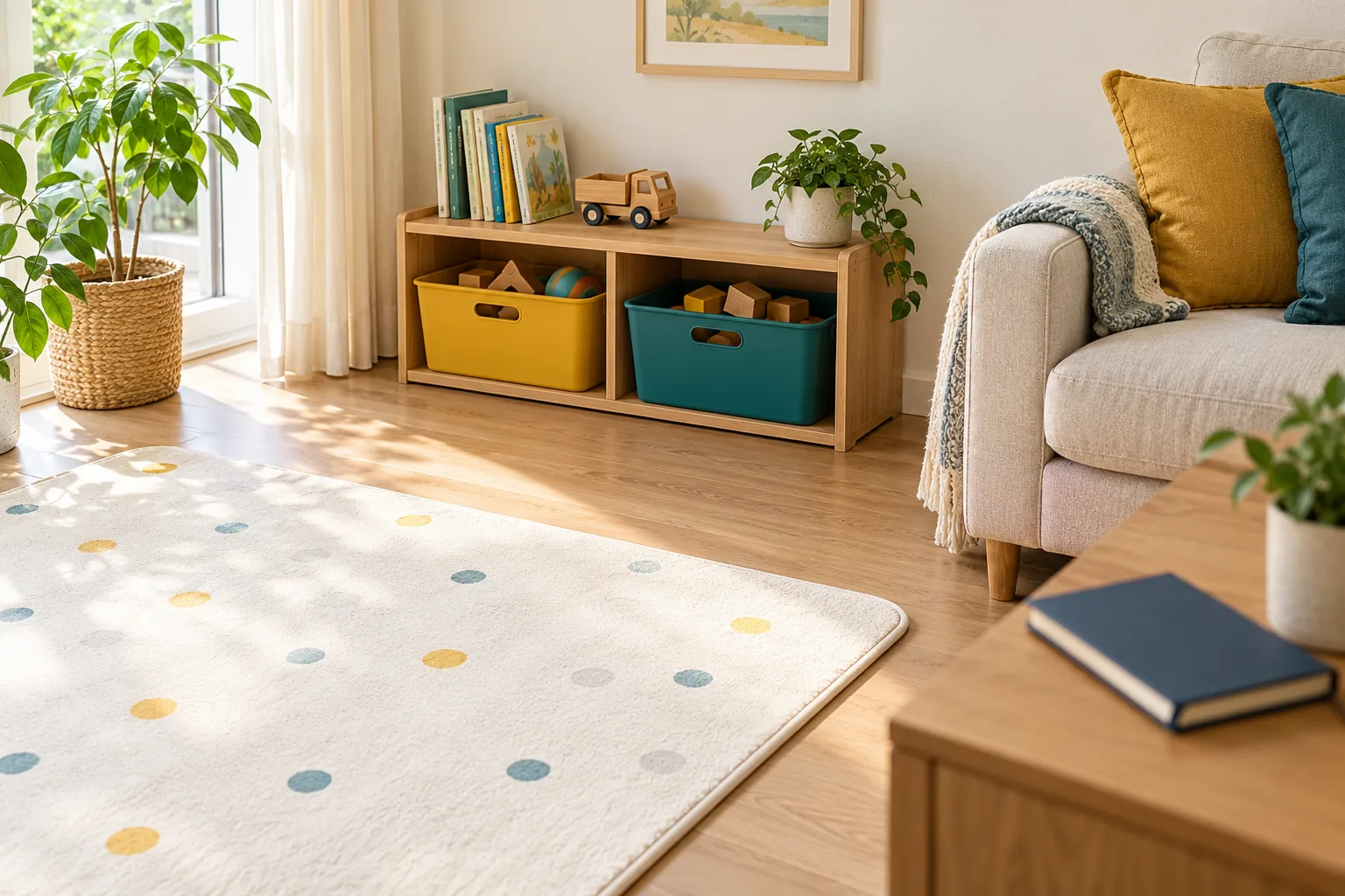 A manageable play selection beside a clear floor and a folded storage note.