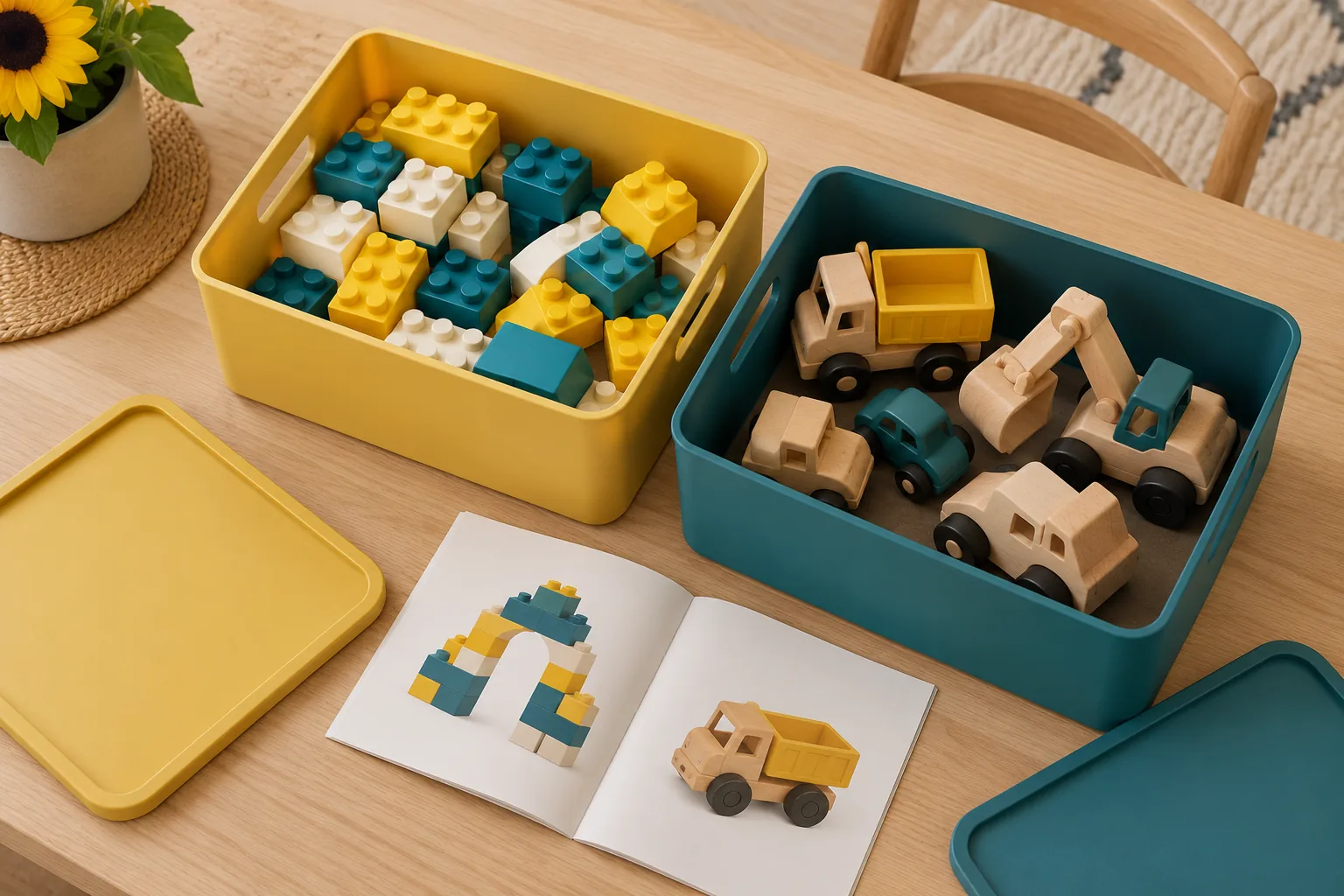 Large building pieces and a matching wooden play set grouped in separate small boxes.