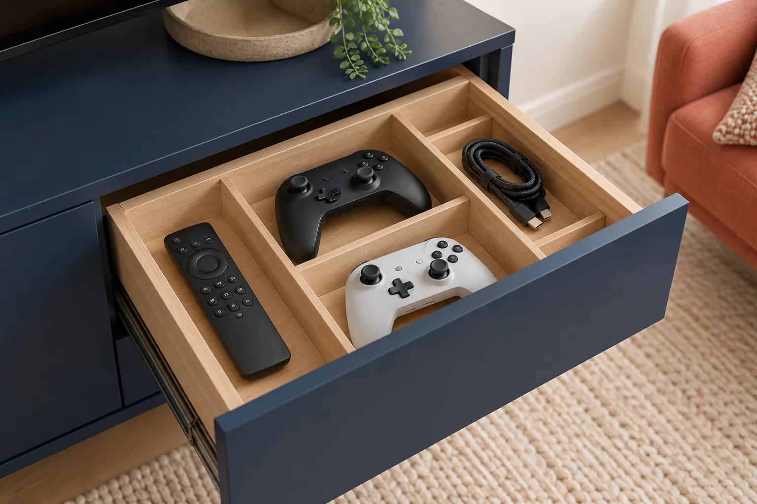 A console drawer with a remote and two controllers in separate shallow compartments.