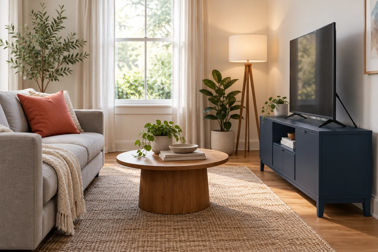 Side view of a compact sofa facing a low television and media console.