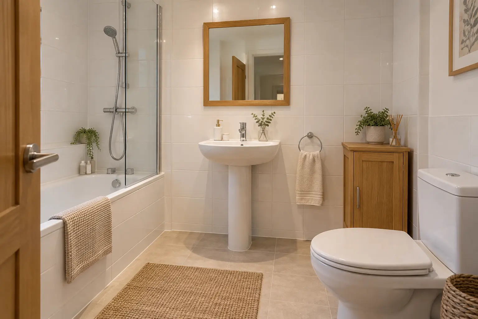 Pair warm wood with the white fixtures you already have