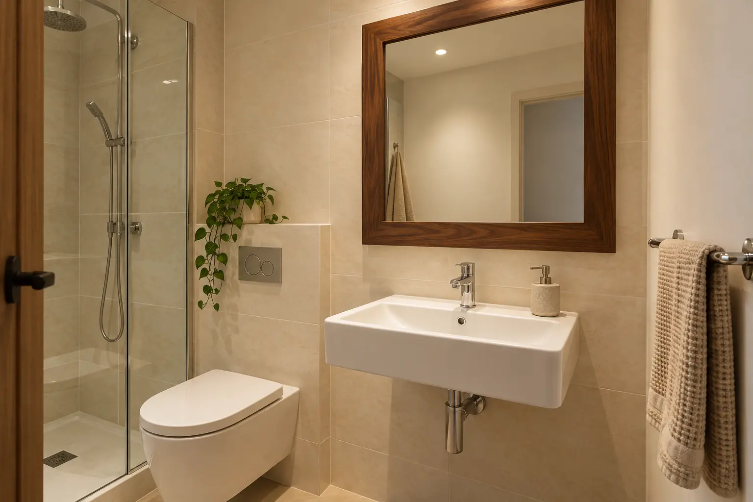Let one wood-framed mirror carry the room